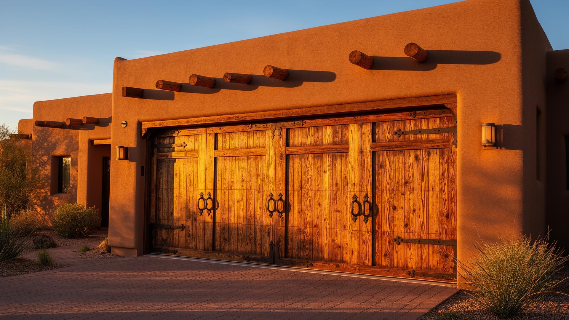 Professional rustic wood grain garage door installation with decorative iron hardware on Southwest adobe home